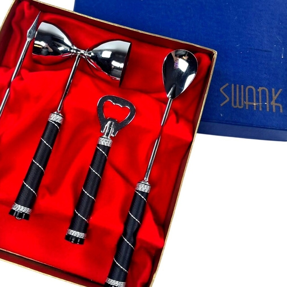 VTG NIB Swank Barware Gift Set Silver Black Faux Leather Wrapped Modern MCM